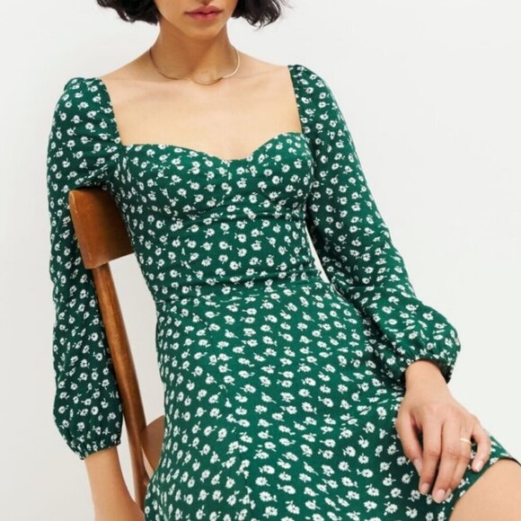Reformation Green White Floral Bustier Long Sleeve Faux Wrap Mini Dress Size 4P - Picture 2 of 11